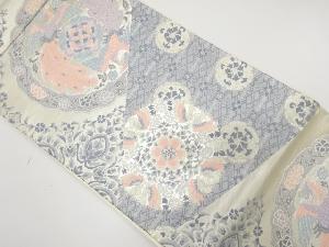 アンティーク　切りばめ風　鳳凰に花丸文様織り出し袋帯（材料）